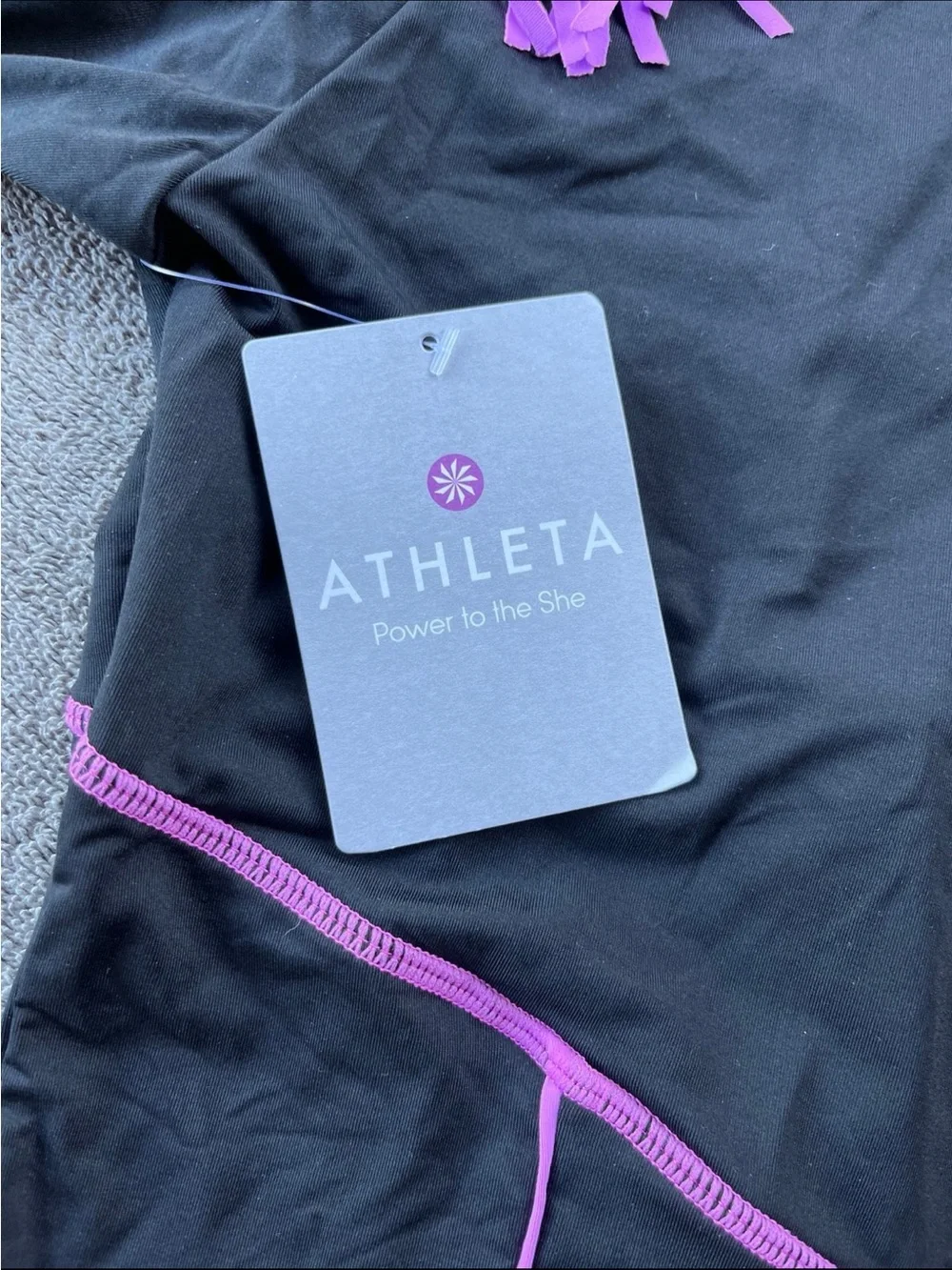Athleta Ariel Black Long-Sleeve Swim rashguard with Purple Piping
